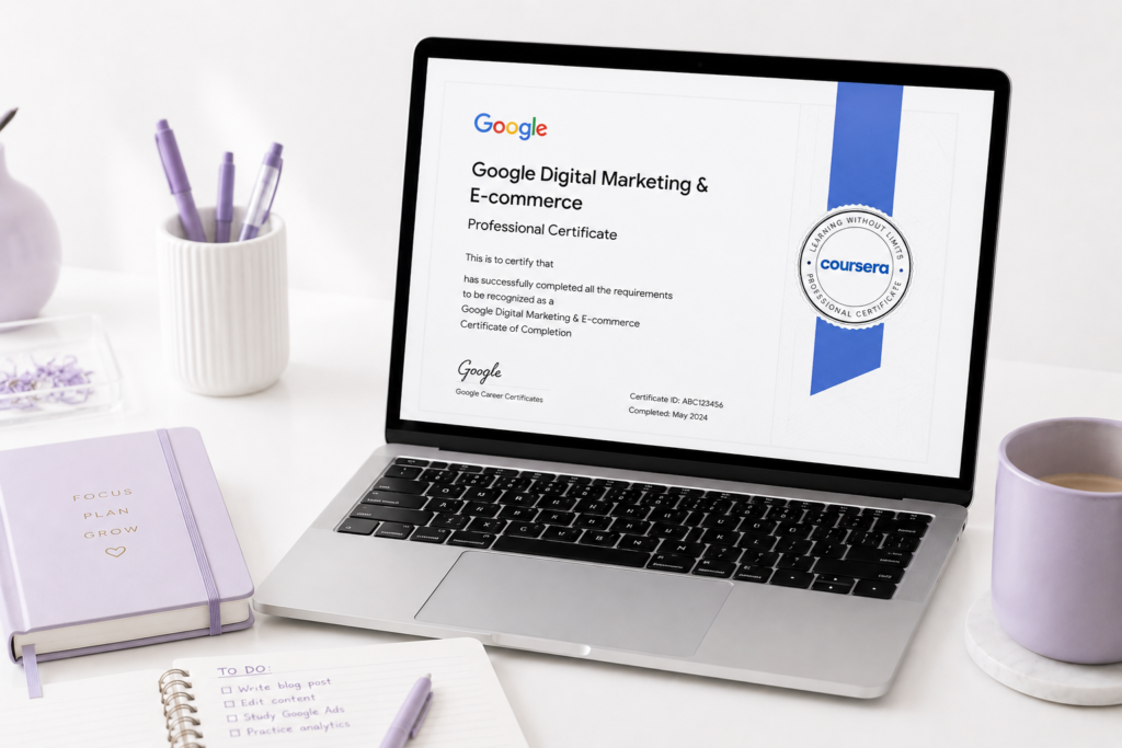 I Completed the Google Digital Marketing & E-commerce Professional Certificate: Is It Worth It? minimalist workspace with google certificate